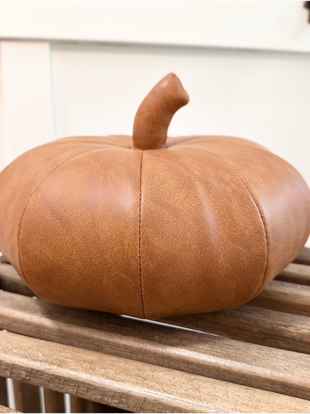 Decorative Brown Tan Leather Pumpkin Plush Stuffed Home Decor Accent 9.5” X 6”